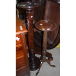 TWO MAHOGANY JARDINIERE STANDS, ONE WITH SPIRAL CARVED COLUMN, THE OTHER WITH FLUTED COLUMN ON THREE