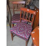 A PAIR OF 19TH CENTURY MAHOGANY SIDE CHAIRS WITH PURPLE, BLUE AND PINK UPHOLSTERED SEATS