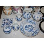 A COLLECTION OF MEISSEN BLUE AND WHITE PORCELAIN TO INCLUDE PLATE WITH PIERCED RIM, SQUARE-SHAPED