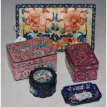 THREE CHINESE CANTON ENAMEL BOXES AND COVERS, A RECTANGULAR DISH AND A CHINESE RECTANGULAR SILK-WORK
