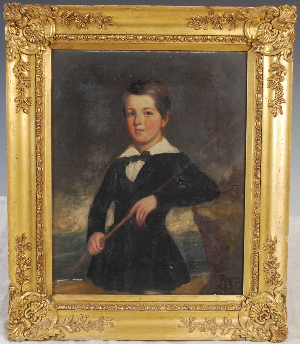 A 19TH CENTURY BRITISH SCHOOL, THREE QUARTER LENGTH PORTRAIT OF A BOY HOLDING A FISHING ROD, OIL - Bild 2 aus 4