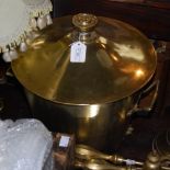 A COLLECTION OF FIRESIDE TO INCLUDE A BRASS TWIN HANDLED FUEL BIN AND COVER, PAIR OF ANDIRONS, AND A