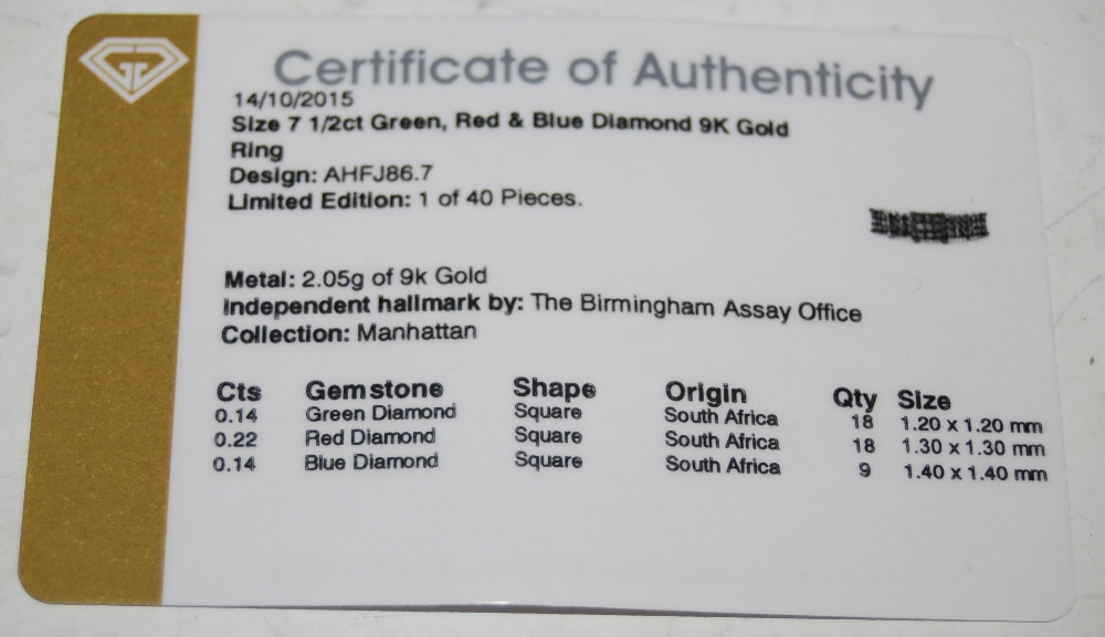 A 9CT GOLD, GREEN, RED AND BLUE DIAMOND RING, SIZE 'O' WITH CERTIFICATE OF AUTHENTICITY - Image 2 of 2