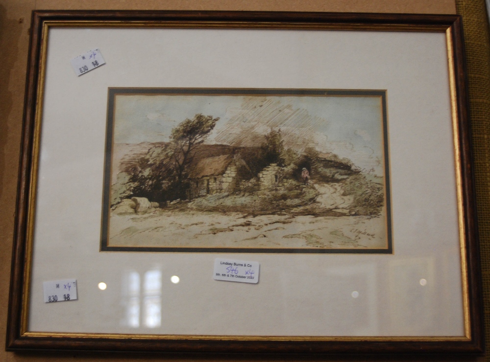 GROUP OF FOUR PICTURES TO INCLUDE CHARLES STUART MILLARD, WATERCOLOUR AND INK WASH OF A COTTAGE - Image 4 of 4