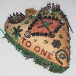 SEWING INTEREST - A HEART SHAPED PIN CUSHION INSCRIBED 'TO ONE I LOVE' WITH BEAD WORK AND JEWEL