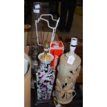 A DECORATIVE BLACK GROUND PORCELAIN TABLE LAMP, STUDIO POTTERY TABLE LAMP AND SHADE AND PARAFFIN