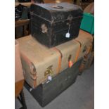 COLLECTION OF STORAGE AND TRAVELLING TRUNKS TO INCLUDE A BLACK-PAINTED METAL- BOUND STORAGE TRUNK, A