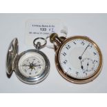 A SILVER CASED POCKET COMPASS AND A YELLOW METAL CASED OPEN FACED POCKET WITH ARABIC NUMERAL DIAL