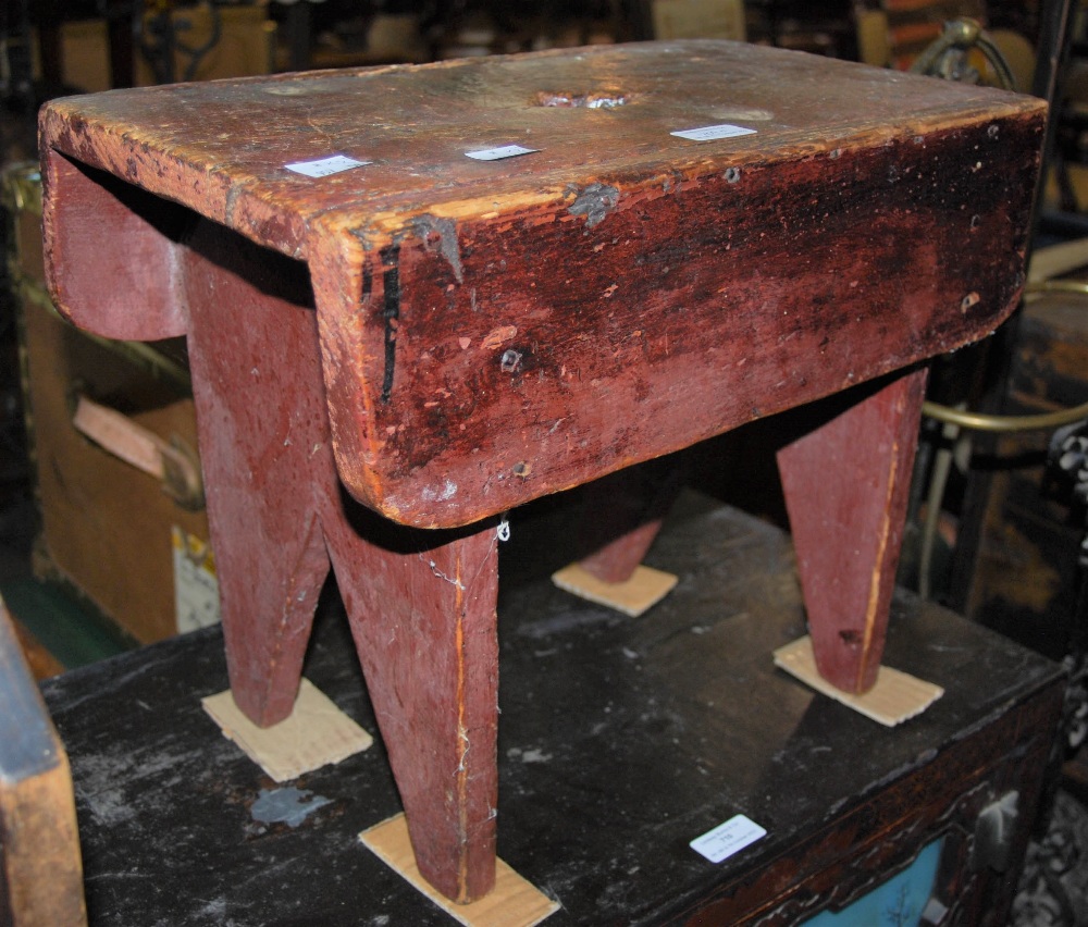 A STAINED WOOD SEWING CADDY ON STAND TOGETHER WITH A STAINED PINE RECTANGULAR STOOL - Image 2 of 2