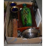 BOX OF ASSORTED ITEMS TO INCLUDE MUFFIN DISH AND COVER, ARTS AND CRAFTS POTTERY VASE, PAIR OF BLUE