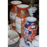 A PAIR OF JAPANESE KUTANI PORCELAIN VASES, AND A JAPANESE IMARI VASE