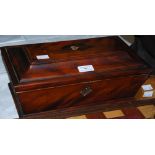 A 19TH CENTURY MAHOGANY SARCOPHAGUS-SHAPED JEWELLERY BOX, THE HINGED COVER WITH MOTHER OF PEARL