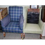 A TARTAN UPHOLSTERED ARMCHAIR TOGETHER WITH A GREEN UPHOLSTERED ARMCHAIR