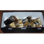A BOX OF ASSORTED HORN BEAKERS, SPOONS, NAPKIN RINGS, ETC