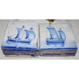 A GROUP OF TWELVE BLUE AND WHITE DELFT POTTERY TILES, DECORATED WITH SAILING BOATS