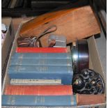 BOX OF ASSORTED BOOKS, MANTLE CLOCKS, CAMERA, CINE CAMERA, ETC