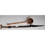 A WOOD, EBONISED AND HORN PIPE, TOGETHER WITH A WITCH DOCTOR'S WAND