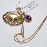 A 9CT GOLD AND CITRINE OVAL-SHAPED BROOCH, TOGETHER WITH A 9CT GOLD AND AMETHYST PENDANT AND CHAIN