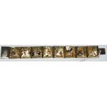 AN EASTERN WHITE METAL AND MOTHER OF PEARL PANELLED BRACELET WITH HAND-PAINTED DETAIL OF FIGURES AND