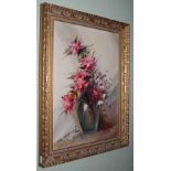 TWO DECORATIVE 20TH CENTURY STILL LIFE PAINTINGS, BOTH OIL ON CANVAS, ONE WITH PURPLE, PINK AND