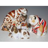 THREE ROYAL CROWN DERBY ANIMAL FIGURES TO INCLUDE BENGAL TIGER CUB, SCRUFF, AND THE BRITISH BULLDOG