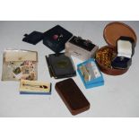 A BOX OF ASSORTED GENTLEMANS ACCESSORIES, CUFFLINKS, TIE PINS, STAMPS, ETC