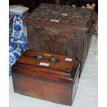 A GEORGIAN MAHOGANY SARCOPHAGUS-SHAPED TEA CADDY, TOGETHER WITH AN ANTIQUE CARVED OAK RECTANGULAR