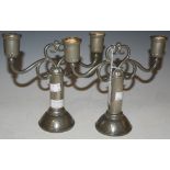 A PAIR OF "WALKER & HALL" HOWARD PEWTER ART DECO STYLE TWO-LIGHT CANDELABRA