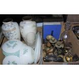 BOX OF ASSORTED CERAMICS TO INCLUDE PAIR OF SATSUMA VASES, WEDGWOOD PART DINNER SET, BOX OF ASSORTED