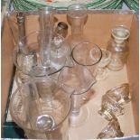 A COLLECTION OF ASSORTED MEDICINE GLASSES, EYE-BATHS, GLASS EAR SYRINGE, BEAKERS ETC