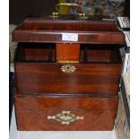 A MAHOGANY TEA CADDY, A VICTORIAN WALNUT AND MOTHER OF PEARL INLAID SEWING BOX, AND A VINTAGE WOODEN