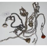 FIVE ASSORTED SILVER ALBERT CHAINS EACH SUSPENDING A FOB, GROSS WEIGHT 9.2 TROY OZ