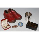 BOX OF VARIOUS ITEMS TO INCLUDE A PAIR OF CHILDS RED LEATHER WOODEN-SOLED SHOES, A PAIR OF YELLOW