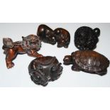 COLLECTION OF FIVE ASSORTED CARVED WOOD NETSUKE TO INCLUDE TORTOISE, TWO RATS, FROG AND MUSHROOM,