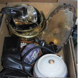 BOX OF ASSORTED PLATED WARE, BRASS WARE, CERAMICS, BINOCULARS, CAMERAS, ETC