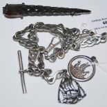 A GROUP OF CELTIC DESIGN METALWARE TO INCLUDE A WHITE METAL ALBERT CHAIN SUSPENDING STERLING