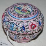 A CHINESE CANTON ENAMEL CIRCULAR-SHAPED PINK GROUND BOX AND COVER, DECORATED WITH PANELS OF FIGURES,