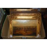 19TH CENTURY BRITISH SCHOOL, FOUR HUNTING PICTURES OIL ON BOARD, IN GILT WOOD FRAMES