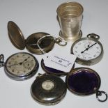 A SILVER PLATED WATCH POCKET WATCH CASE CONTAINING A TELESCOPIC WHITE METAL SHOT GLASS, TWO POCKET