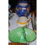 A KENSINGTON WARE BLUE LUSTRE POTTERY VASE, A MALING GREEN LUSTRE OVAL-SHAPED BASKET, AND A YELLOW