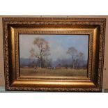 •AR JAMES WRIGHT, AUTUMNAL LANDSCAPE WITH CATTLE GRAZING, OIL ON PANEL, SIGNED LOWER RIGHT, 17CM X