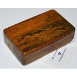 A 19TH CENTURY TREEN SNUFF BOX WITH PEN-WORK DECORATION OF HUNTSMAN AND DOGS