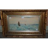 TOM SEYMORE, SEASCAPE WITH FISHING BOATS AND BUOY, SIGNED LOWER LEFT, 24CM X 50.5CM