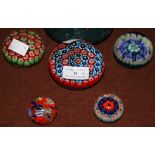 COLLECTION OF FIVE ASSORTED MILLEFIORI AND SCRAMBLE GROUND PAPERWEIGHTS