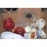 TWO BOXES OF ASSORTED CERAMICS AND GLASSWARE, TO INCLUDE PARAGON BLUE GROUND PART TEA SET, ETC