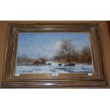 F. GEE (20TH CENTURY), WINTER LANDSCAPE WITH SHEEP GRAZING, OIL ON CANVAS, 28CM X 48CM