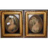 A PAIR OF 19TH CENTURY HAND COLOURED PRINTS DEPICTING LADIES IN EBONISED AND GILT WOOD FRAMES