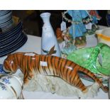 A ROYAL DUX CERAMIC FIGURE OF A TIGER, TOGETHER WITH A SYLVAC "MISTY MORN" BLUE AND WHITE BOTTLE