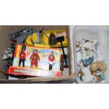 A COLLECTION OF ASSORTED TOY CARS, FIGURES TO INCLUDE BOX OF THREE BRITAINS NEW METAL MODELS,