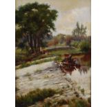 William Murray Mackenzie (fl.1873-1908) River scene with weir and figures oil on canvas, signed with